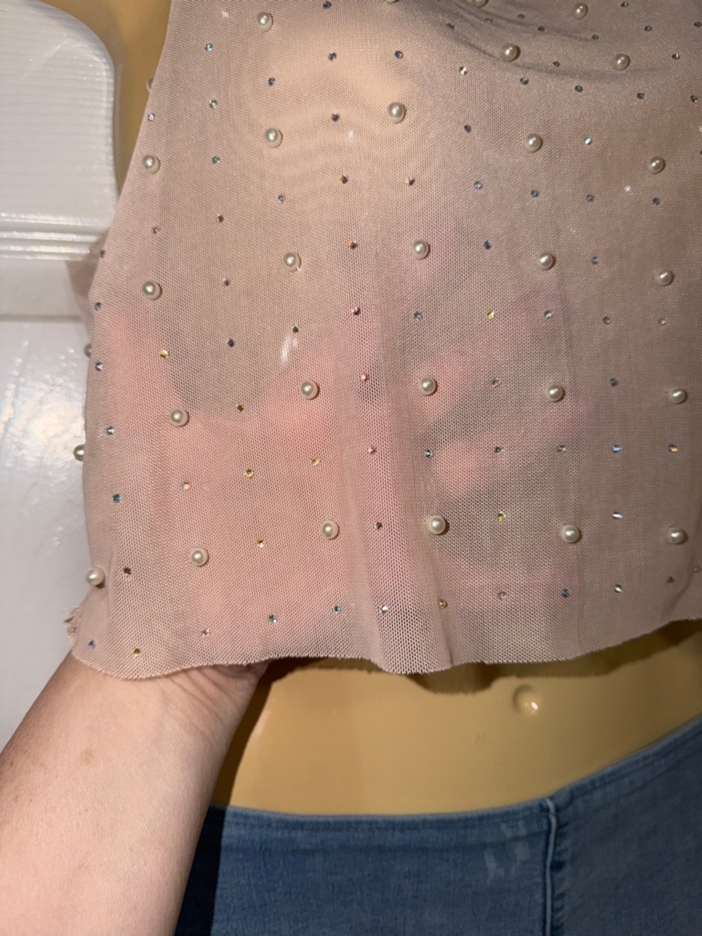 Pearl Rhinestone Sheer Sleeveless Crop Top - Blush Pink - Picture 2 of 6